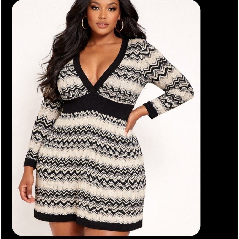 Baby Phat Women's Sze 3X Chevron Pattern Black White Metallic Long Sleeve Dress